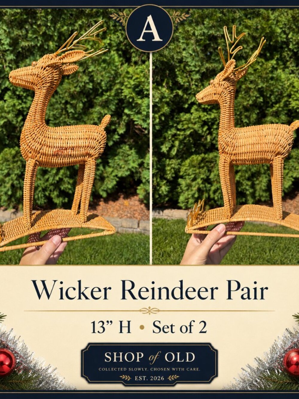Vintage Wicker Reindeer Pair | Christmas Décor | Rattan Holiday Figures